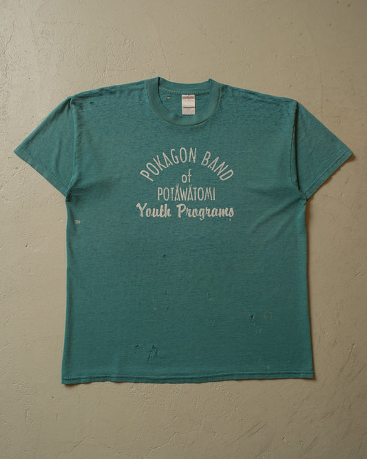 1990s distressed Pokagon Band T-shirt green - XL/XXL
