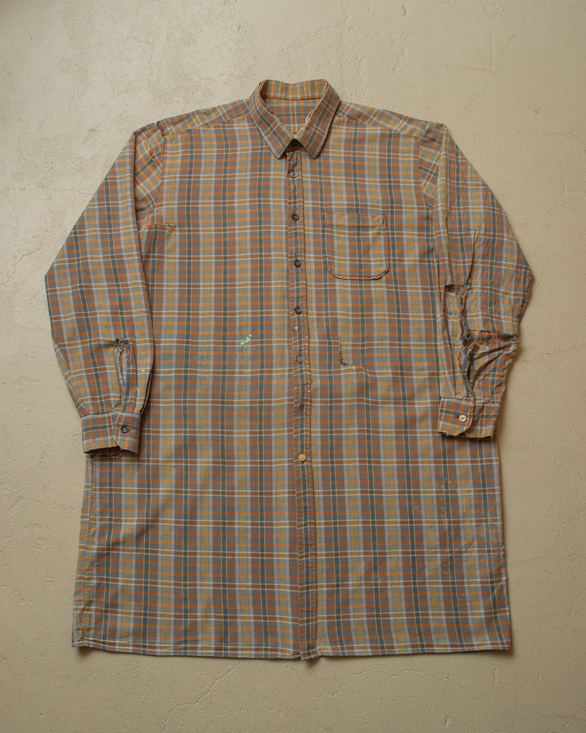 1960s German distressed checkered Cotton Flannel Shirt brown - XL