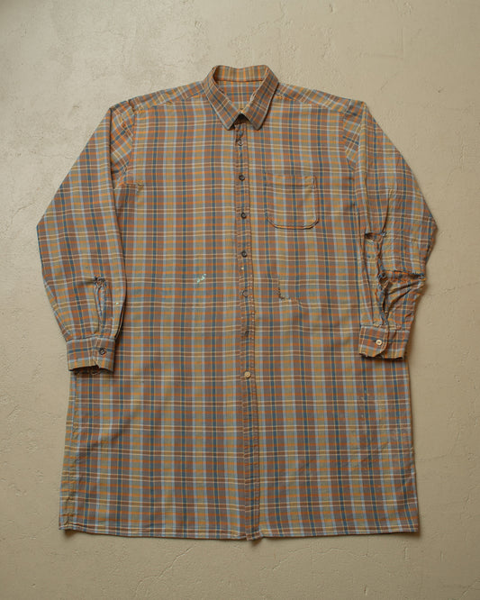 1960s German distressed checkered Cotton Flannel Shirt brown - XL