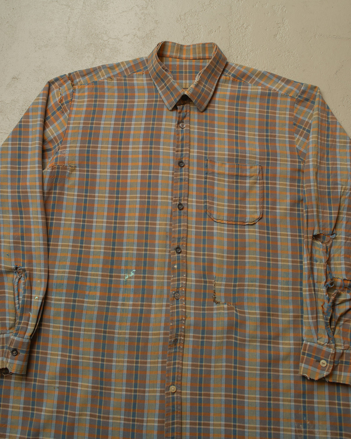 1960s German distressed checkered Cotton Flannel Shirt brown - XL