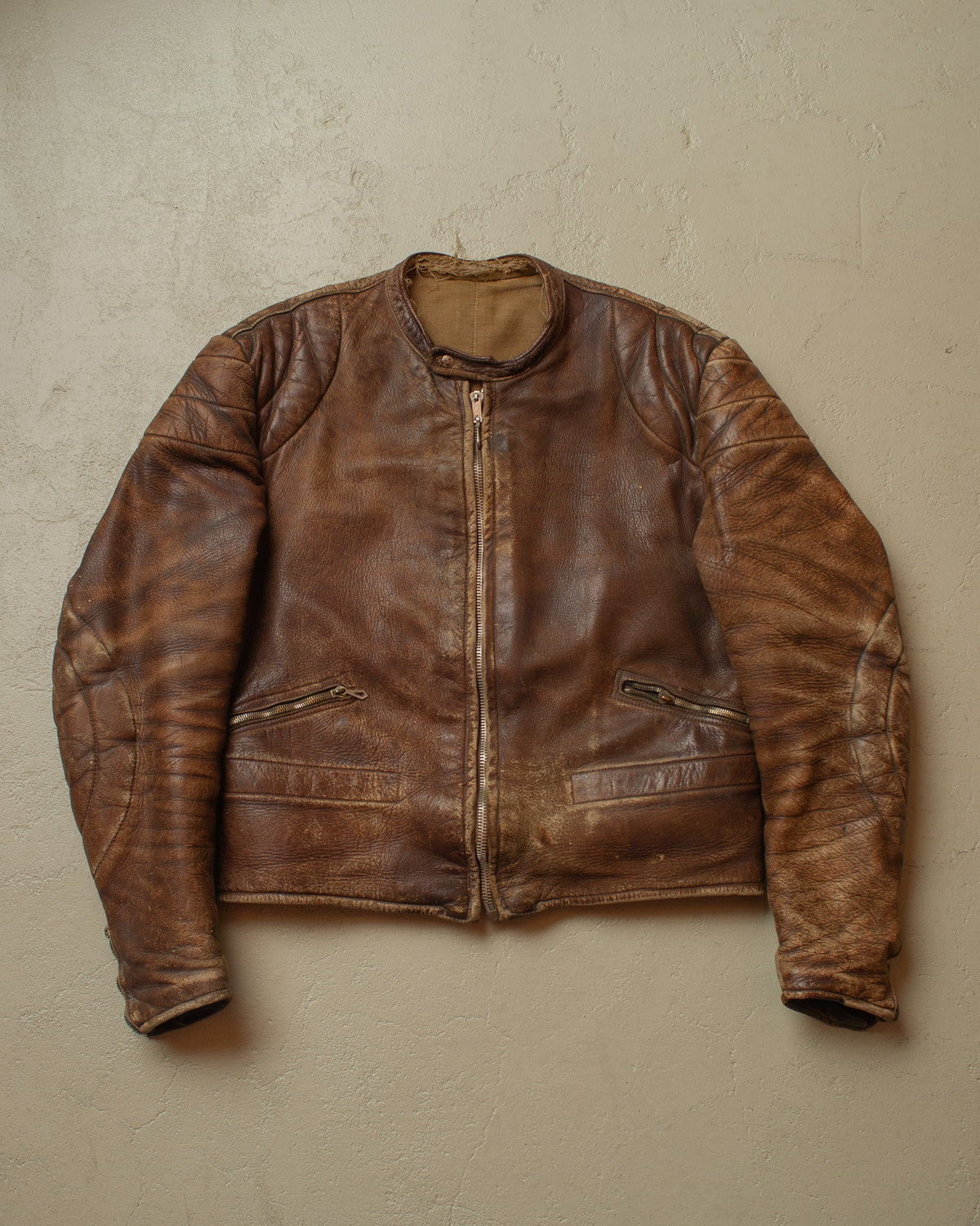 1940s/50s German Faded Biker Leather Jacket brown - M