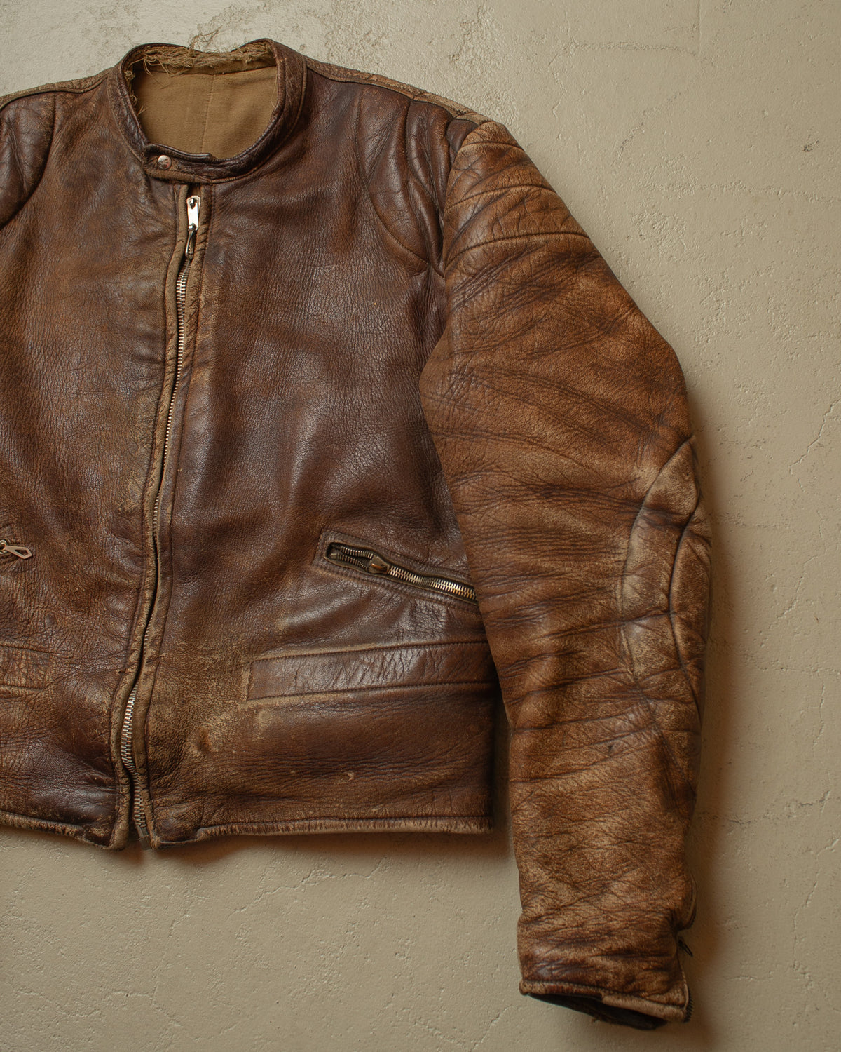 1940s/50s German Faded Biker Leather Jacket brown - M