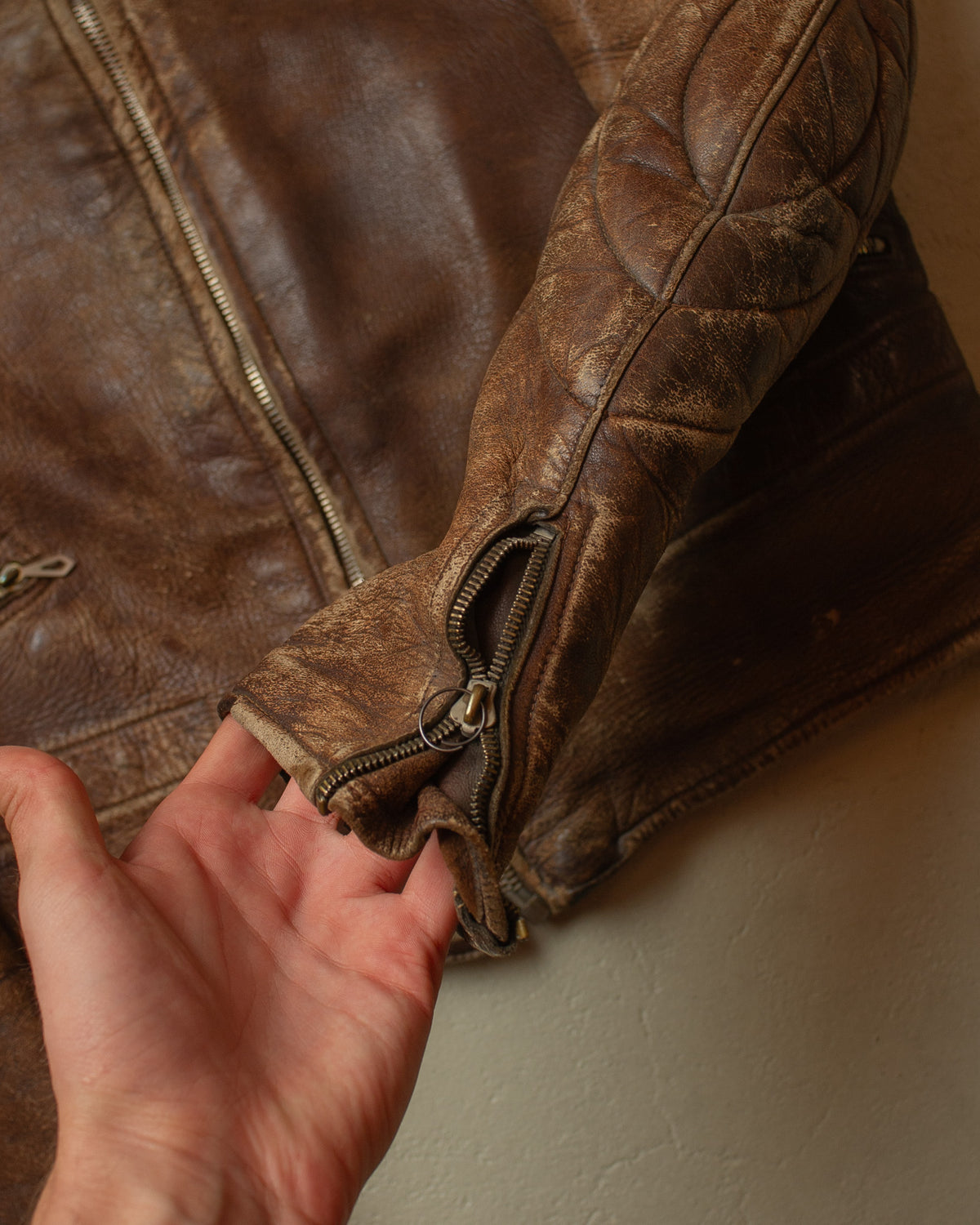 1940s/50s German Faded Biker Leather Jacket brown - M