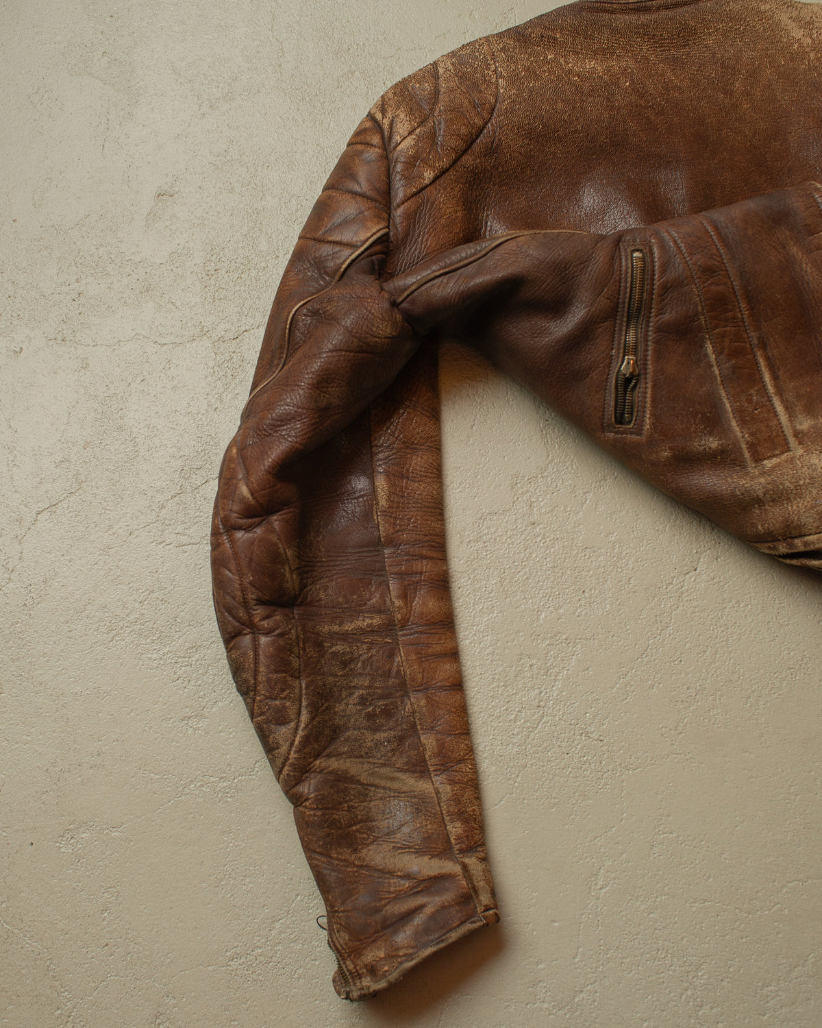 1940s/50s German Faded Biker Leather Jacket brown - M