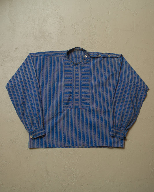 ca. 1920s East European Homemade striped Work Shirt blue - M