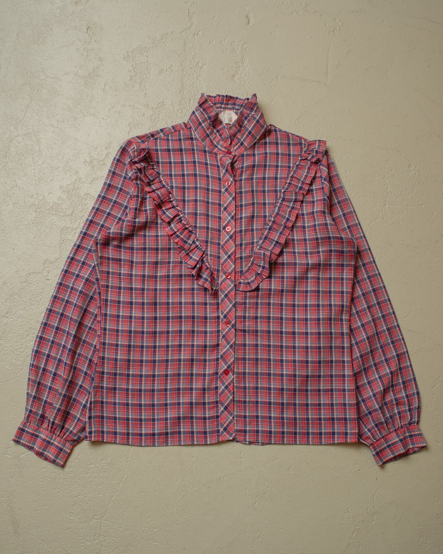 1970s Womens checkered Blouse red/blue - M/L