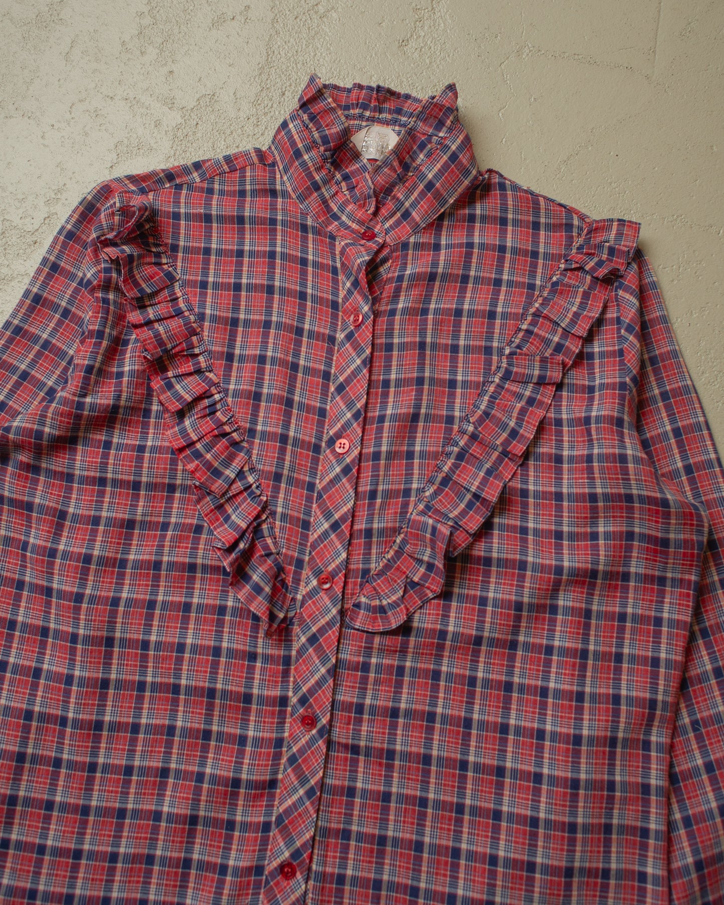 1970s Womens checkered Blouse red/blue - M/L