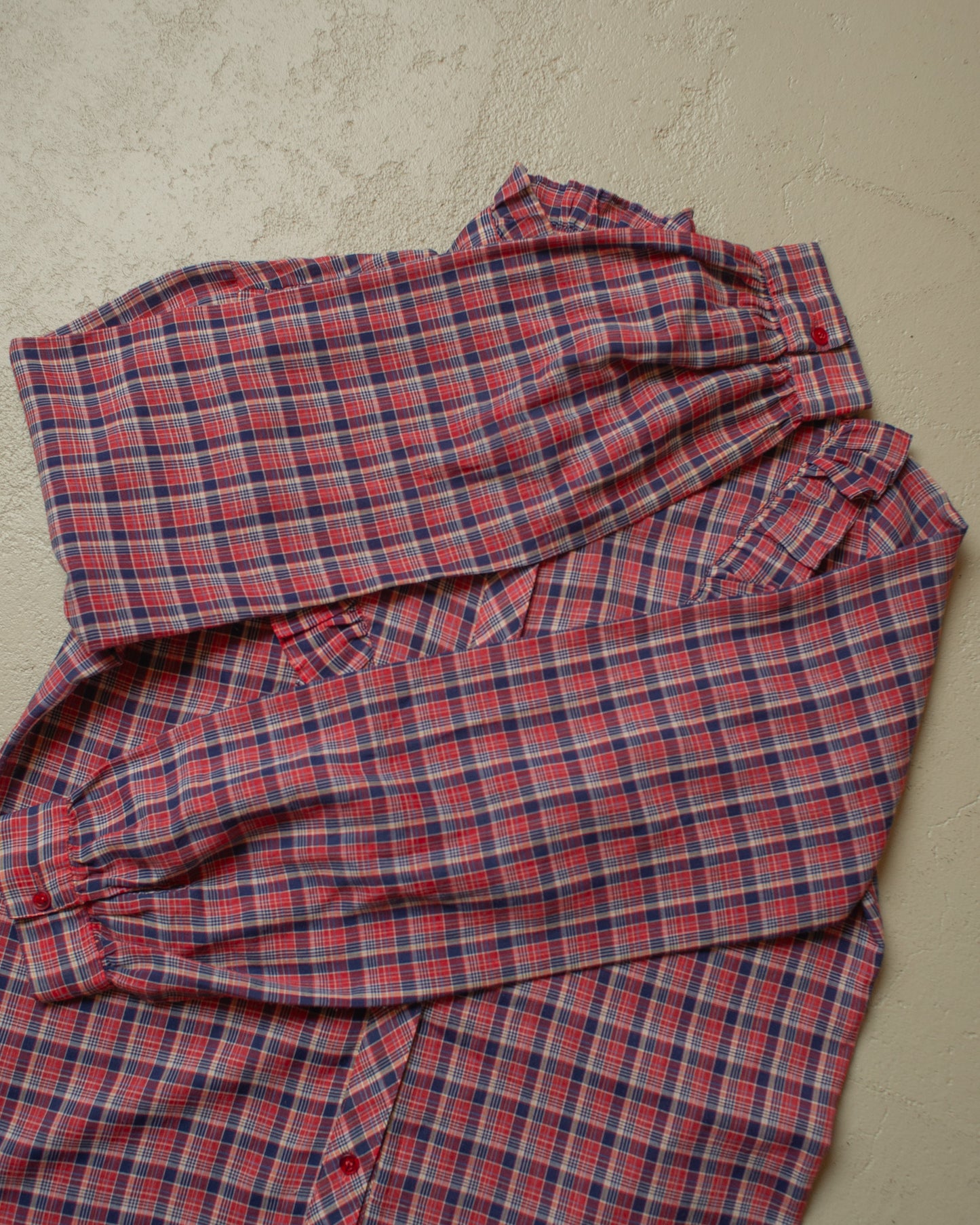 1970s Womens checkered Blouse red/blue - M/L