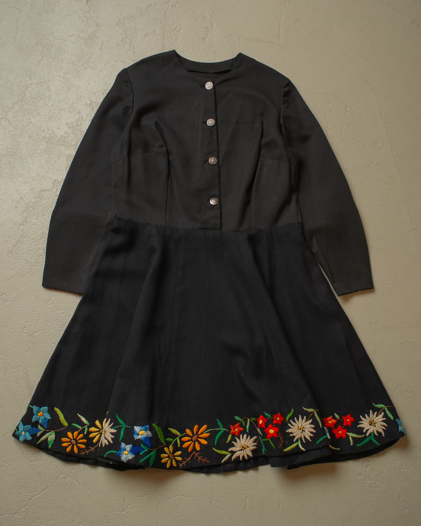 1940s/50s Austrian Embroidered Folk Dress black - M/L