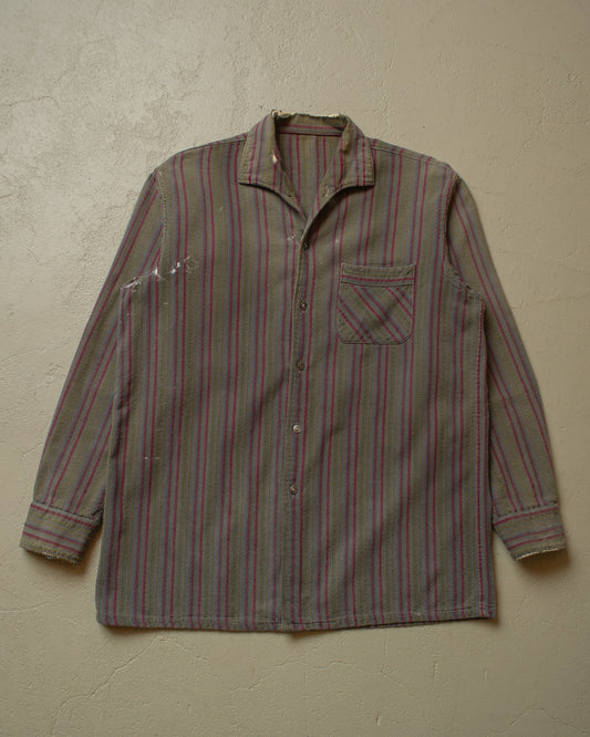 1950s distressed striped Kent Collar Shirt grey - M