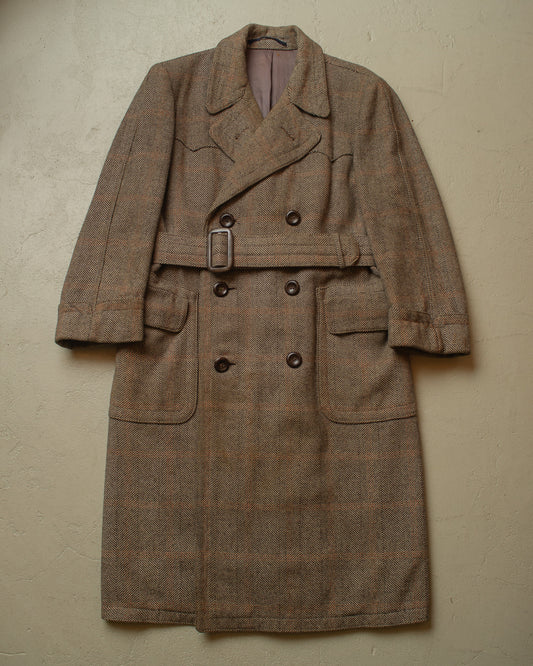 1930s/40s German Belted Herringbone Wool Coat grey - L