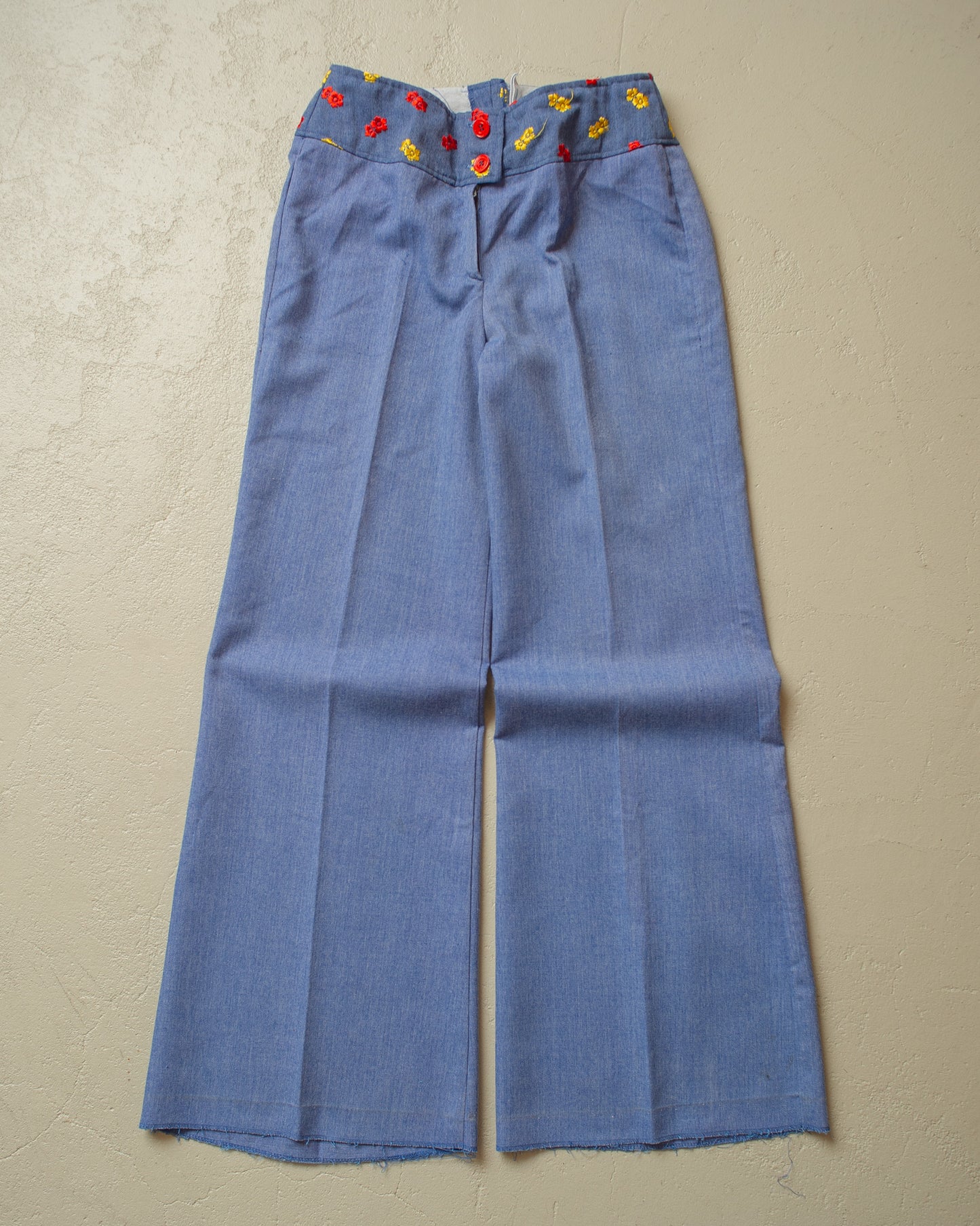 1970s Floral Pleated Bellbottom Pants blue - W28 L31