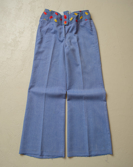 1970s Floral Pleated Bellbottom Pants blue - W28 L31