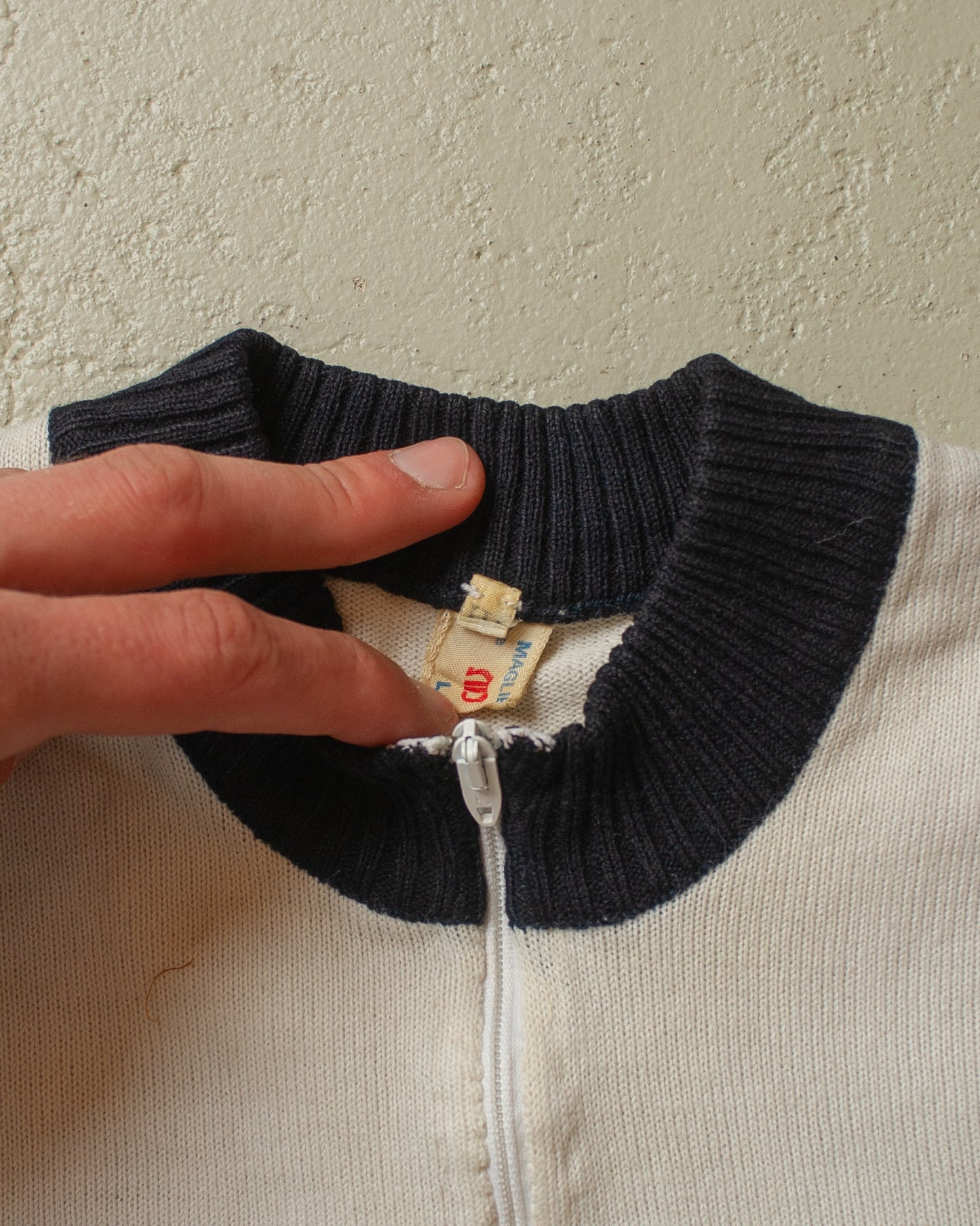 1970s Two Tone Embroidered Knit Cycling Jersey - S/M