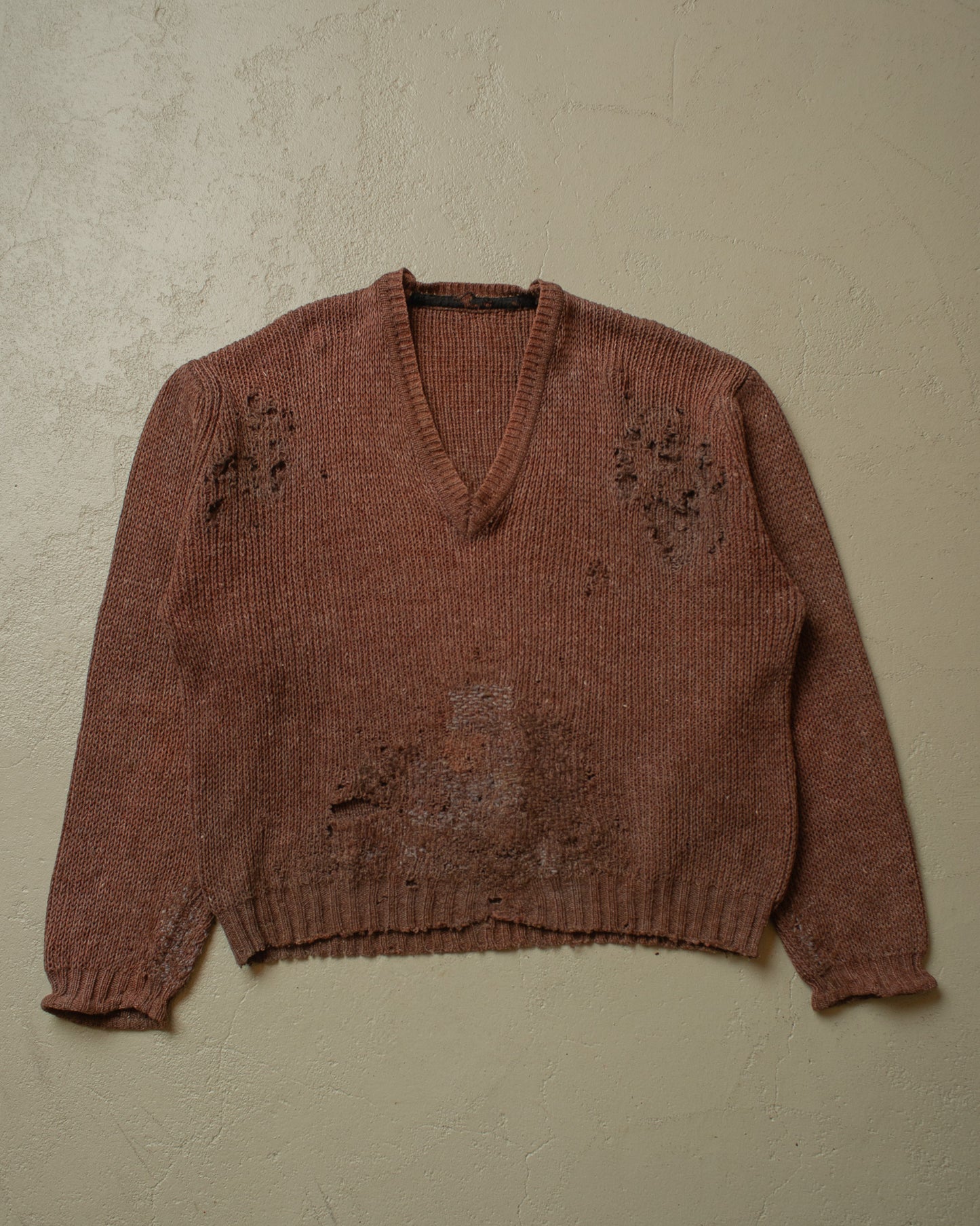 1930s thrashed French V-Neck Knit Sweater brown - L