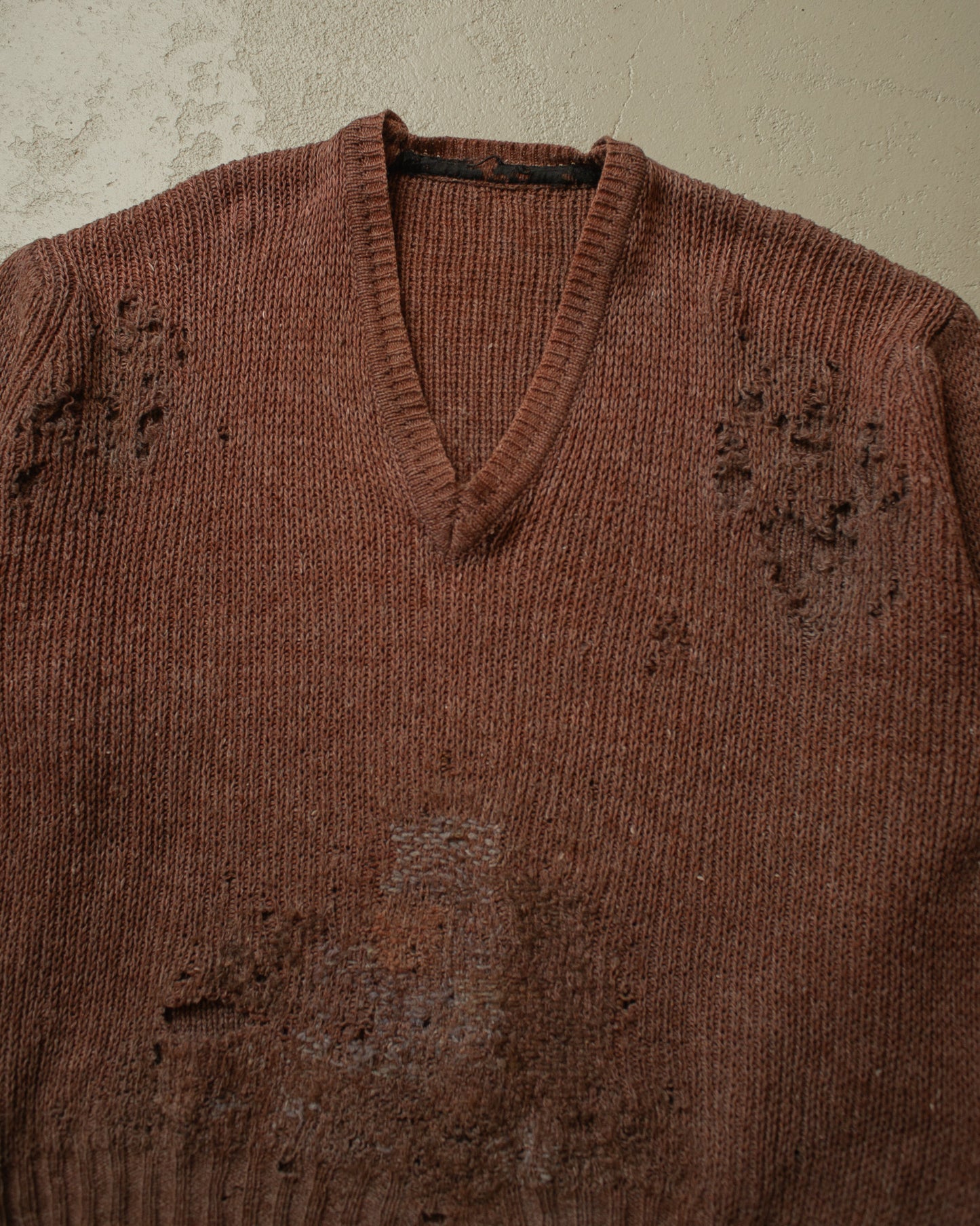1930s thrashed French V-Neck Knit Sweater brown - L