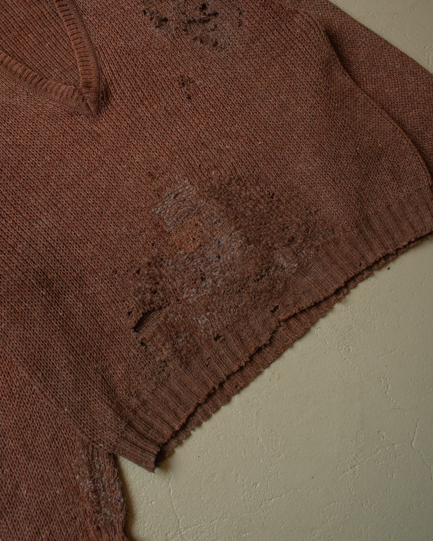 1930s thrashed French V-Neck Knit Sweater brown - L
