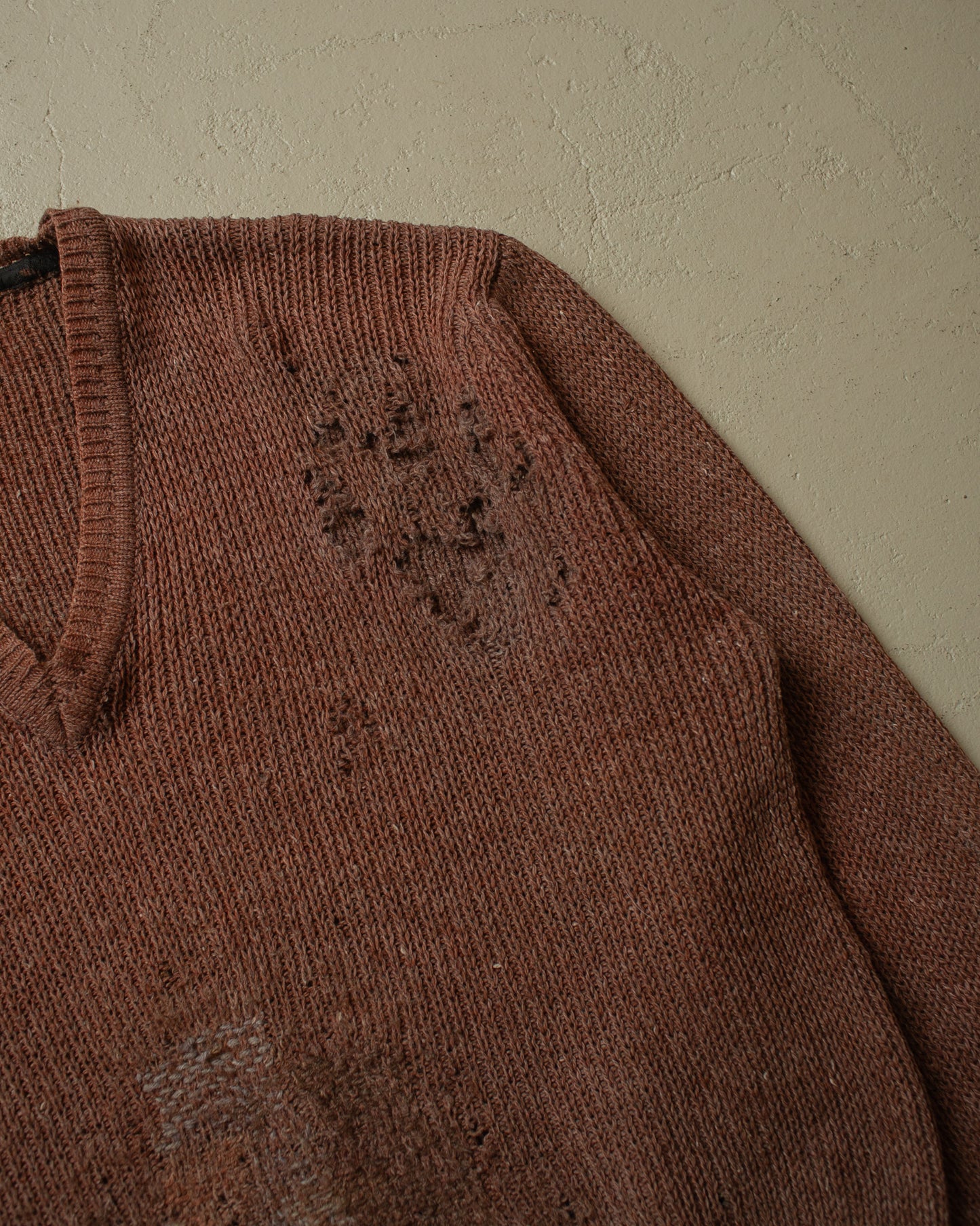 1930s thrashed French V-Neck Knit Sweater brown - L