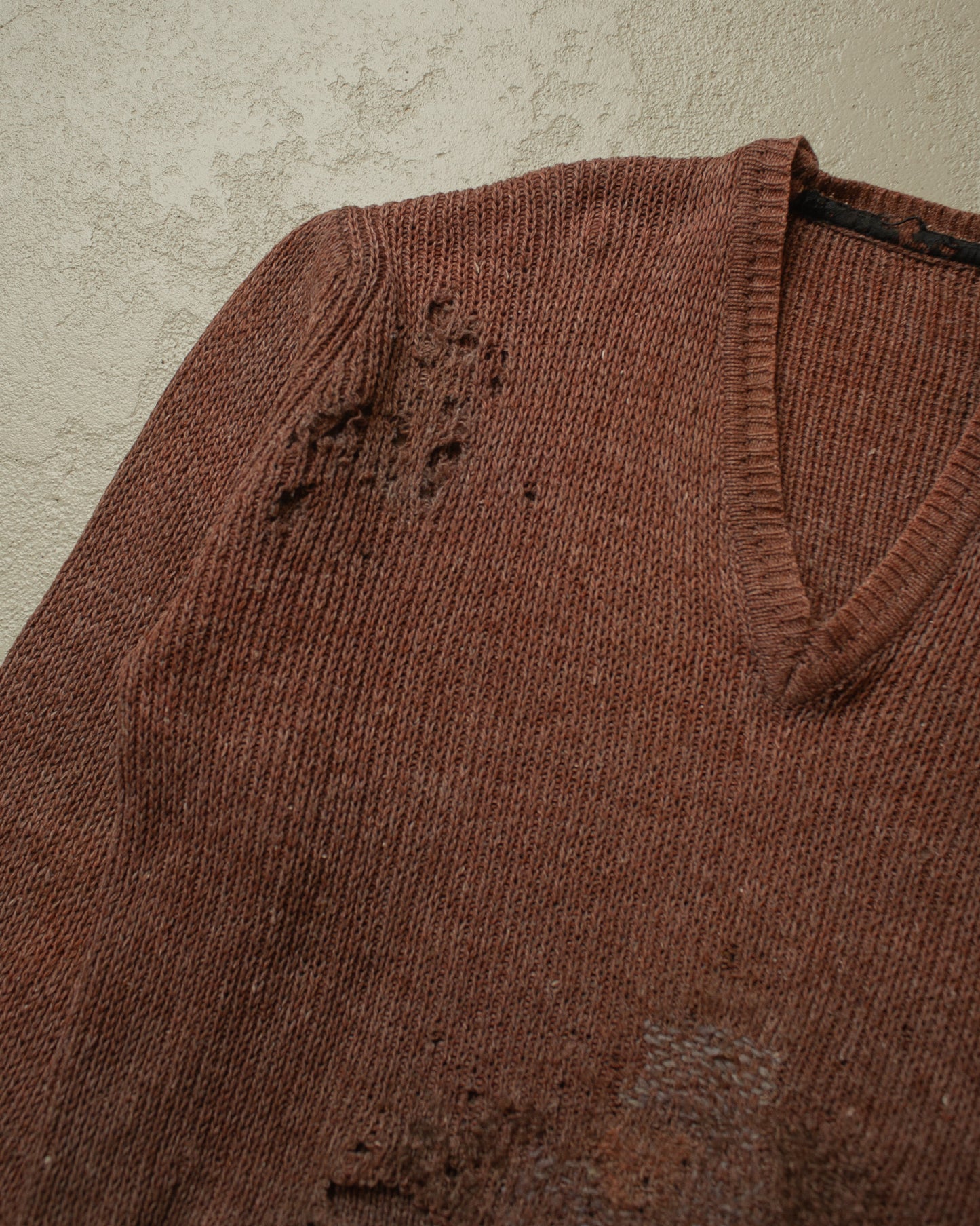 1930s thrashed French V-Neck Knit Sweater brown - L