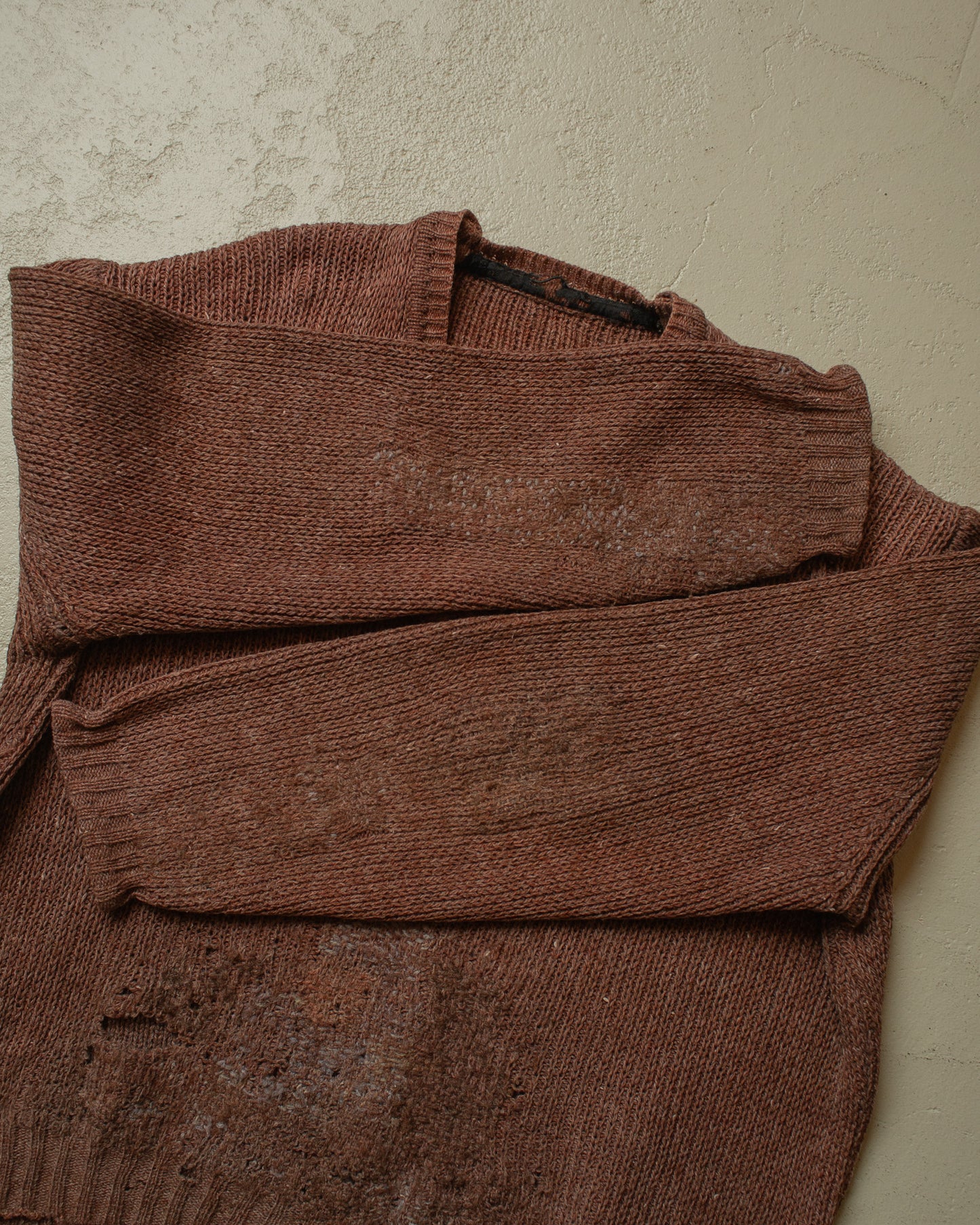 1930s thrashed French V-Neck Knit Sweater brown - L