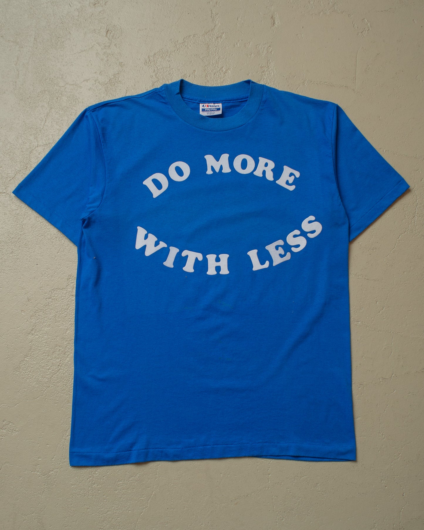 1980s unworn "Do more with less" T-shirt blue - M/L